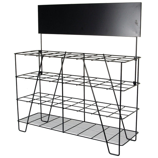 A black DISPLAY STAND-PTO TUBING by Sparex with three tiers and a rectangular sign holder on top (Sparex Part No. S.25801).