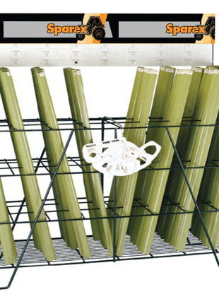 A display stand designated for PTO tubing, featuring green metal angle bars, prominently showcases the Sparex brand at the top. The specific product is known as DISPLAY STAND-PTO TUBING with Sparex Part No. S.25801.