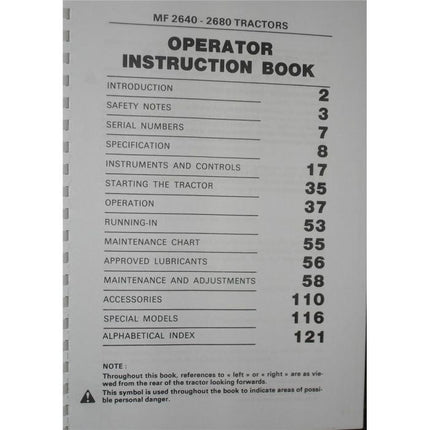 An open Massey Ferguson - 2600 Series Operators Manual (Product Number: 1646296M2) by AGCO displays a table of contents, including sections on safety, starting, operation, lubricants, maintenance, accessories, special models, and an index.