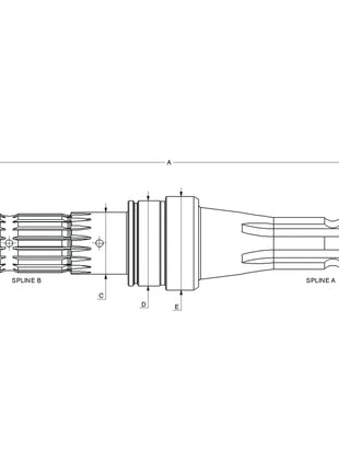 Technical drawing of a mechanical component with dimensions labeled A, B, C, D, and E. Two spline sections, Spline A and Spline B, are depicted on the ends. This PTO Shaft - S.260158 by Sparex is compatible with Massey Ferguson models running at 540 RPM.