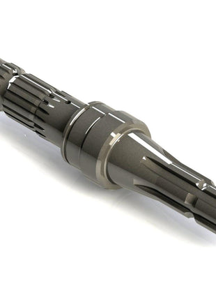 A rendered image of a metallic, cylindrical machine part with gear-like teeth and a tapered end, resembling the PTO Shaft - S.260158 by Sparex used in Massey Ferguson tractors operating at 540 RPM.