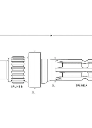 Technical drawing of the Sparex PTO Shaft - S.260196, featuring a 1 3/8'' - 6 splined design with dimensions labeled A, B, C, and D. The shaft includes two spline sections marked Spline A and Spline B, and is designed to operate at 540 RPM.