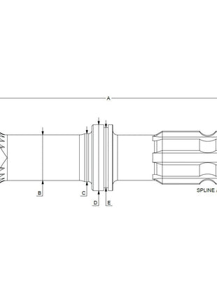 Technical drawing of the Sparex PTO Shaft - S.260218 mechanical spline shaft with labeled dimensions A, B, C, D, and E, and sections labeled SPLINE A and SPLINE B. Designed for 540RPM PTO Shaft applications.