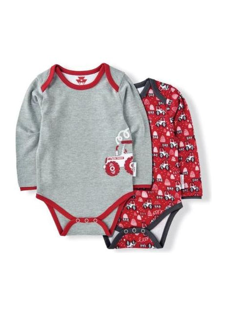 The Massey Ferguson Baby Bodysuits (2 Pack) by AGCO includes two adorable options: one bodysuit is grey with red trim and a cute tractor design, while the other is red adorned with white and blue tractor patterns. Both bodysuits are crafted from soft organic cotton.