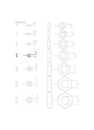 Technical drawing of various sizes of hex nuts and their dimensions, presented in a vertical sequence. Details include measurements for diameter, height, and thread specifications. Ideal for pairing with a threaded bolt or other industrial fasteners like the Massey Ferguson - Bolt 1/4 x 5/8 UNC (AGCO - 13005AF - 700707343).