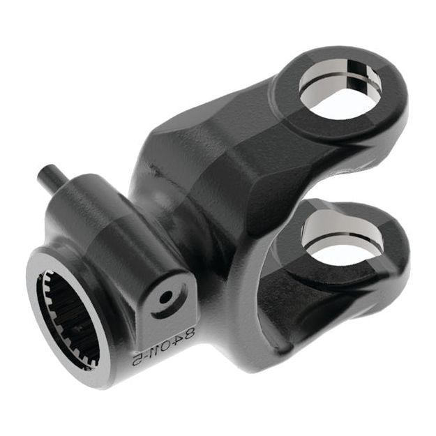 Close-up of a black, metallic mechanical component with two circular openings and a toothed interior section on one side, designed to fit Universal Joint Dimensions from the Weasler North American PTO Series. This component is the Sparex PTO Yoke - Quick Release (U/J Size: 1 17/32'' x 4 5/16'') with a size of 1 3/4''-20 Spline | Sparex Part No.S.26862.