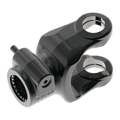 Close-up of a black, metallic mechanical component with two circular openings and a toothed interior section on one side, designed to fit Universal Joint Dimensions from the Weasler North American PTO Series. This component is the Sparex PTO Yoke - Quick Release (U/J Size: 1 17/32'' x 4 5/16'') with a size of 1 3/4''-20 Spline | Sparex Part No.S.26862.