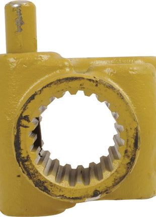 The Sparex PTO Yoke - Quick Release (U/J Size: 1 17/32'' x 4 5/16'', Size: 1 3/4''-20 Spline) is a yellow mechanical part featuring a toothed circular opening and a small protruding peg on one side, crafted to meet the Universal Joint Dimensions of the Weasler North American PTO Series.