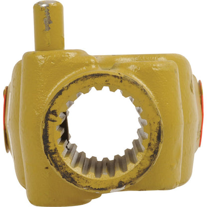The Sparex PTO Yoke - Quick Release (U/J Size: 1 17/32'' x 4 5/16'', Size: 1 3/4''-20 Spline) is a yellow mechanical part featuring a toothed circular opening and a small protruding peg on one side, crafted to meet the Universal Joint Dimensions of the Weasler North American PTO Series.