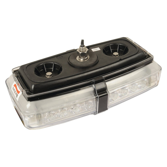 The Sparex LED Micro Hazard Light (S.27819) features a rectangular design with a clear lens, black mounting bracket, and two circular mounting elements on top, making it suitable for various applications. This strobe light operates at 12-24V and offers multiple flash functions.