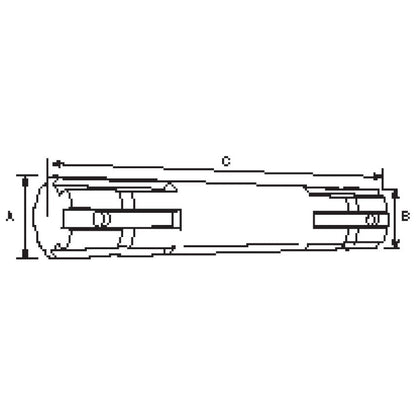 Technical drawing of a cylindrical component with dimensions labeled A, B, and C, featuring internal cutouts and ring-like structures at both ends. This Sparex PTO Splined Shaft - Both Ends - 1 3/8'' - 6 Spline x 1 1/8'' - 6 Spline, Length: 230mm (Sparex Part No.S.278) offers reliable performance in agricultural machinery.