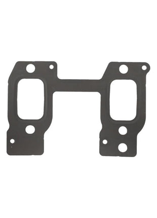 A Massey Ferguson exhaust gasket replacement part by AGCO, model F836200100170, designed as a rectangular black metal gasket with multiple symmetrically arranged holes.