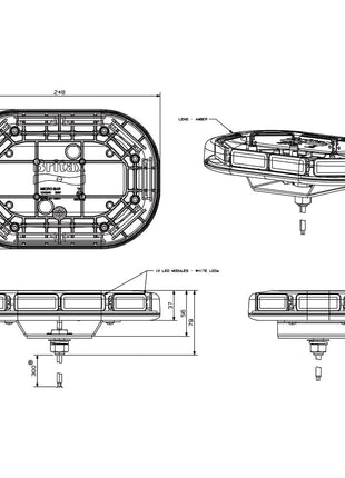 Technical diagram of the Sparex LED Micro Hazard Light, model S.28671, showing top, front, side, and bottom views with labeled dimensions and key components. Suitable for understanding manufacturing information and ensuring accurate assembly for the product's multiple-flash function operating at 12-24V. Note: Interference is not classified.