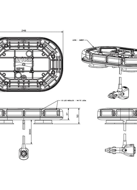 Technical drawing of a Sparex ECE Approved rectangular LED visual signaling device, specifically the LED Micro Hazard Light (S.28672), with dimensions and multiple views showing the front, side, top, and bottom perspectives along with detailed labeled specifications for its single flash function on a 12-24V system.