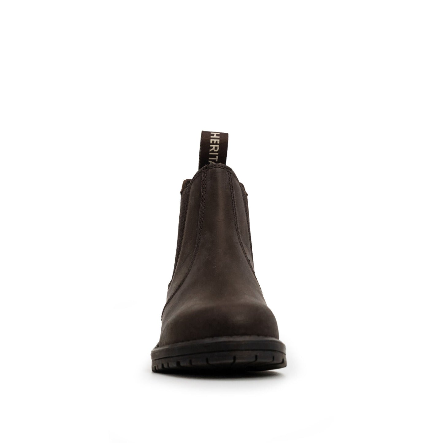 A single Xpert Heritage Wrangler Junior Dealer Boot in dark brown, from the brand Cottonmount, photographed from the front against a white background. The boot features a black tag with the text "HERIT" visible at the top and boasts a cushioned footbed for added comfort.