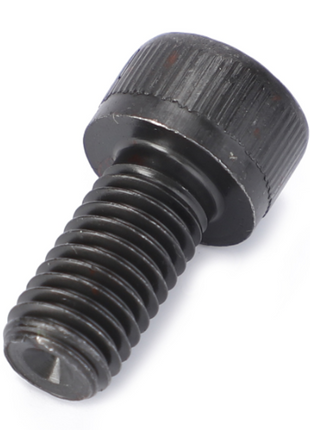 Close-up of a black AGCO cap head M10X20 screw (model number 3009291X1), reflecting the superior quality typical of Massey Ferguson 2200 Series tractor parts, laying on its side against a white background.