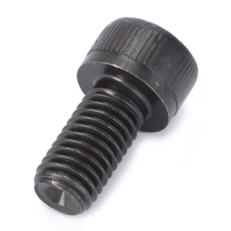 Close-up of a black AGCO cap head M10X20 screw (model number 3009291X1), reflecting the superior quality typical of Massey Ferguson 2200 Series tractor parts, laying on its side against a white background.