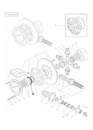 Exploded view diagram of mechanical components with numbered parts, detailing the assembly and relationships of various shafts, gears, and fittings in a Massey Ferguson tractor series, specifically featuring the AGCO product "Massey Ferguson - Shim Differential - 3380041M1.