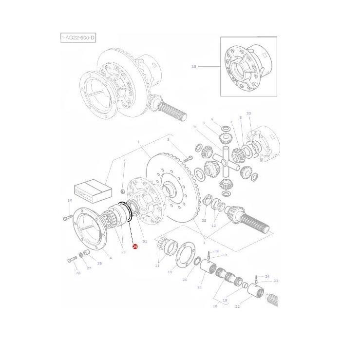 Exploded view diagram of mechanical components with numbered parts, detailing the assembly and relationships of various shafts, gears, and fittings in a Massey Ferguson tractor series, specifically featuring the AGCO product "Massey Ferguson - Shim Differential - 3380041M1.