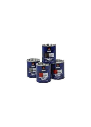 Four charcoal grey paint cans of varying sizes are stacked together, each labeled "Massey Ferguson - Charcoal Grey Paint 1lts - 3620514M5" and featuring a hazard symbol from AGCO.