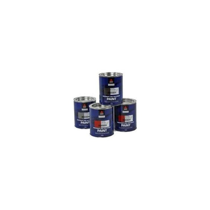 Four charcoal grey paint cans of varying sizes are stacked together, each labeled "Massey Ferguson - Charcoal Grey Paint 1lts - 3620514M5" and featuring a hazard symbol from AGCO.