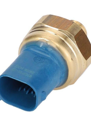 A close-up image of the Massey Ferguson - Pressure Sensor - V837070201 from AGCO, featuring a blue plastic connector and brass metal housing, designed for compatibility with Massey Ferguson Models.