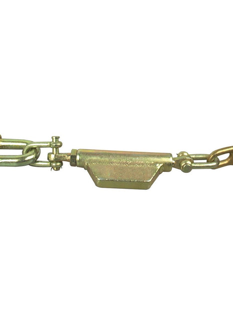 Close-up of a Sparex Stabiliser Chain featuring a D-Shackle with Ø19mm thread and 3/4 UNC, measuring at a minimum length of 540mm. It includes hook and eye bolts on either end, ideal for adjusting tension in cables or ropes and particularly suited for use with Massey Ferguson 135 equipment. Available as Sparex Part No. S.3287.
