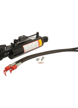 A Sparex Hydraulic Top Link (Cat.-3) with a Q.R CBM Hook features a 90mm cylinder bore and a minimum length of 630mm. It includes an attached lever, two hydraulic hoses, metal fittings, and O-rings, making it ideal for tractor implements. The product is displayed on a plain white background. (Sparex Part No.S.32932)