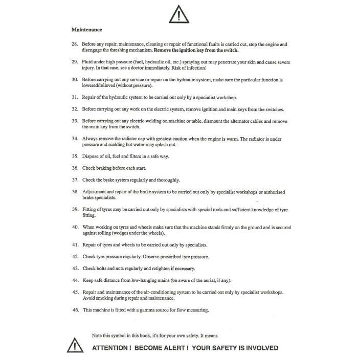 An instructional document titled "Massey Ferguson - 32/34/36/38/40 Combine Operators Manual - D63001284" from AGCO outlines the maintenance steps for Massey Ferguson machines, emphasizing safety precautions, checks, and proper procedures. It includes warnings to underscore the importance of careful adherence as detailed in the manual.