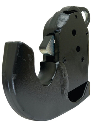 Close-up view of the Sparex Lower Link Weld-On Hook (Cat. 3), a heavy-duty industrial black metal hook with a latch mechanism, suitable for tractors and perfect for your Massey Ferguson.