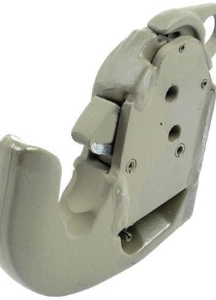 The Sparex Lower Link Weld-On Hook (Cat. 2) | Sparex Part No.S.33085 is a light gray-painted metal hook with a locking mechanism, designed for tractors and suitable for lifting or securing loads.