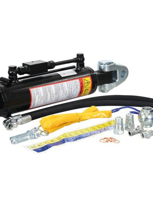 The Sparex Hydraulic Top Link (Cat.2/2) with a Knuckle and Q.R CBM Hook, featuring a 90mm cylinder bore and a minimum length of 590mm, is displayed with hoses, fittings, and accessories on a white surface, ideal for Tractor End applications.