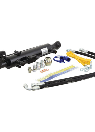 A Sparex Hydraulic Top Link (Cat.1/2) Ball and Q.R CBM Hook with a cylinder bore of 63mm and a minimum length of 610mm, accompanied by attached hoses, various fittings, a yellow protective cap, and additional small components arranged on a white background. | Sparex Part No.S.331031