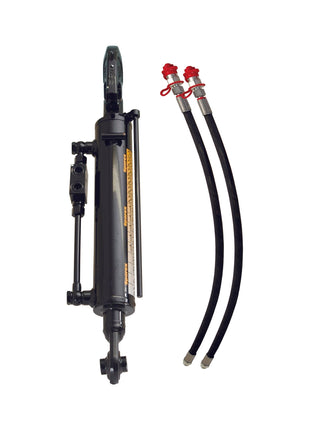 A Sparex Hydraulic Top Link (Cat.1/2) Ball and Q.R. CBM Hook with a 63mm cylinder bore and a minimum length of 610mm, featuring two black hoses and red connectors as part of a complete hose set, placed beside it.