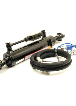 The Sparex Hydraulic Top Link (Cat.1/2) Ball and Ball, with a 63mm cylinder bore and a minimum length of 610mm (Sparex Part No.S.331041), featuring attached hoses and fittings as well as an integrated check valve for efficient operation, isolated on a white background.