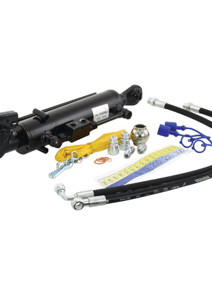 A Sparex Hydraulic Top Link (Cat.1/2) Ball and Q.R CBM Hook with a 70mm cylinder bore and a minimum length of 550mm, along with hoses, fittings, a check valve, and other accessories laid out on a white background. Product: Sparex Part No.S.331071.