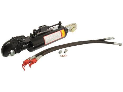 The Sparex Hydraulic Top Link (Cat.36mm/3) Knuckle and Q.R CBM Hook, with a 105mm cylinder bore and minimum length of 690mm (Sparex Part Number: S.331354), features hoses and connectors, a black cylinder, attachment points at both the tractor end and implement end, and a warning label on the side.