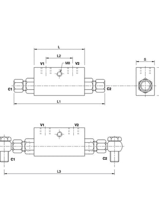 Technical diagram of the Hydraulic Double Acting Check Valve assembly for Hydraulic Top link - S.33137 by Sparex, showing top, side, and front views with labeled dimensions and parts, including connectors C1 and C2, valves V1 and V2, sections L, S, M8, along with suitable manufacturing information.