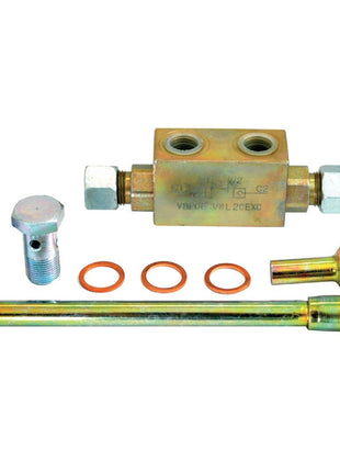 The Hydraulic Double Acting Check Valve assembly for Hydraulic Top Link – S.33137 by Sparex includes a valve, two bolts, two washers, and a rod with eyelets, making it suitable for various applications.