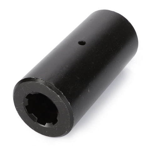 The AGCO Massey Ferguson - Driveshaft Sleeve (Product Number: 3384857M2) is a black cylindrical metal component featuring a hollow hexagonal interior opening on one end and a small hole on the cylindrical surface, designed for the Massey Ferguson 3000 Series tractors.