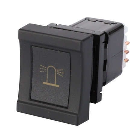 The AGCO Massey Ferguson Beacon Switch (Product Code: 3385756M91) is a black rectangular button with a lightbulb icon in the center, designed specifically for use on Massey Ferguson 3000 Series and 3600 Series tractors, and features attached wiring connections on the back.