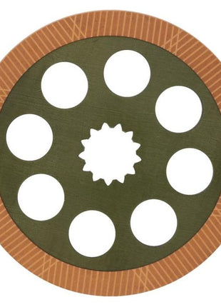 AGCO's Massey Ferguson - Brake Disc - 3386897M92 features a circular design with a green center and a brown outer ring, nine evenly spaced circular holes, and a star-shaped central hole, specifically designed for the Massey Ferguson 3100 Series.