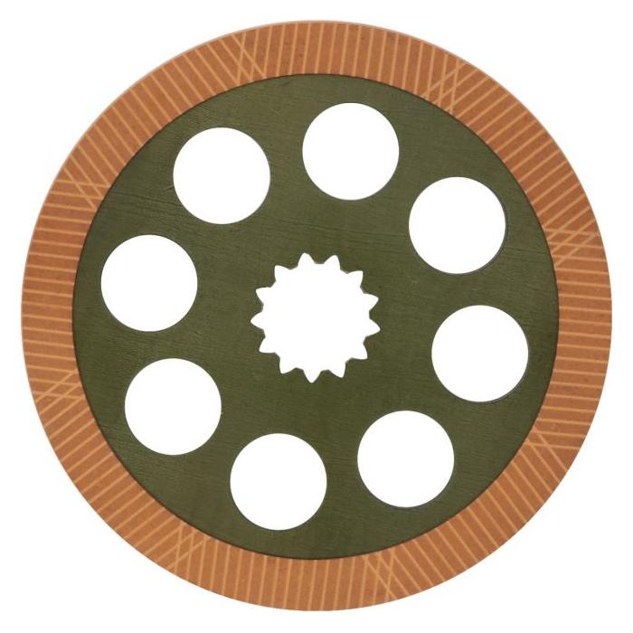 AGCO's Massey Ferguson - Brake Disc - 3386897M92 features a circular design with a green center and a brown outer ring, nine evenly spaced circular holes, and a star-shaped central hole, specifically designed for the Massey Ferguson 3100 Series.