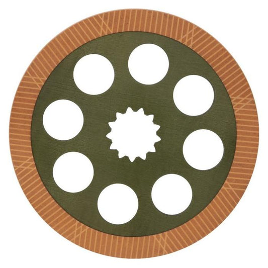 AGCO's Massey Ferguson - Brake Disc - 3386897M92 features a circular design with a green center and a brown outer ring, nine evenly spaced circular holes, and a star-shaped central hole, specifically designed for the Massey Ferguson 3100 Series.