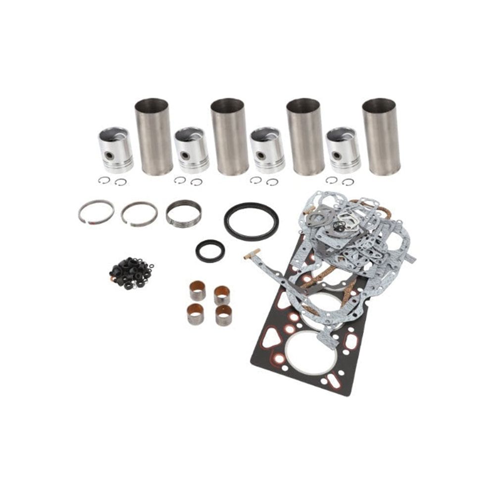 An AGCO Massey Ferguson - A4.248 Engine Overhaul Kit - 3640791Z91, featuring neatly arranged pistons, gaskets, rings, pins, and various other components on a white background. Ideal for A4.248 engines and includes unfinished liners for custom fitting.