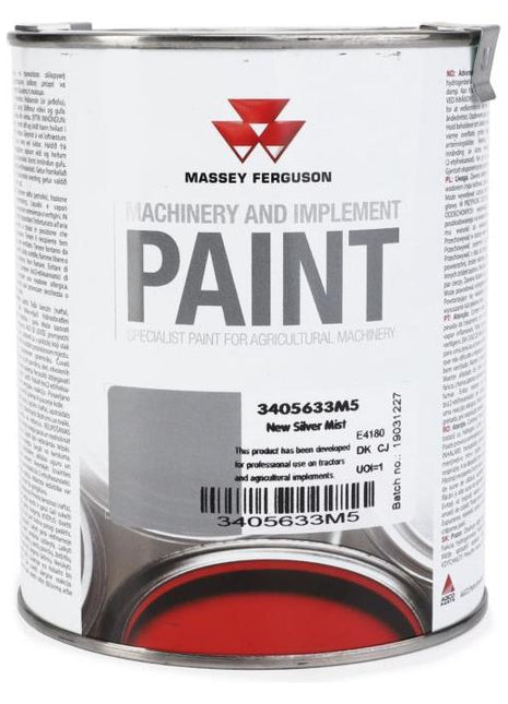 A can of AGCO Massey Ferguson - New Silvermist Paint (1 liter) labeled "3405633M5 New Silver Met." This synthetic paint, perfect for revitalizing your agricultural machinery, hails from Ballymoney.