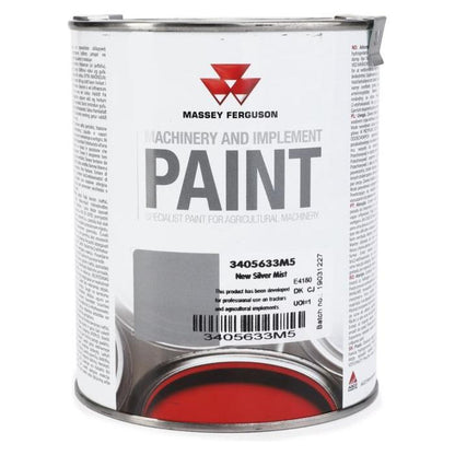A can of AGCO Massey Ferguson - New Silvermist Paint (1 liter) labeled "3405633M5 New Silver Met." This synthetic paint, perfect for revitalizing your agricultural machinery, hails from Ballymoney.