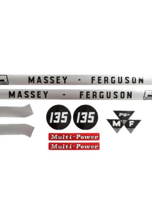 Image of the Massey Ferguson - 135 Decal Kit (part number 3406972M91) by AGCO, including "Massey Ferguson" strips, "135" labels, "MF" triangle logos, "Multi-Power" stickers, and additional white strips.