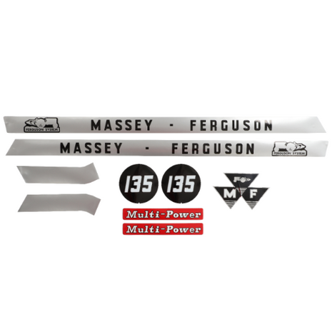 Image of the Massey Ferguson - 135 Decal Kit (part number 3406972M91) by AGCO, including "Massey Ferguson" strips, "135" labels, "MF" triangle logos, "Multi-Power" stickers, and additional white strips.