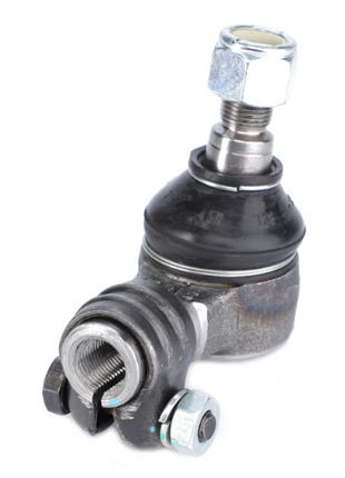 Close-up of a metal automotive part with a threaded bolt and ball joint, featuring a prominent hexagonal nut at one end and a smaller bolt with a nut at the other end, ideal for Massey Ferguson 1000 Series tractor parts. This part is the AGCO Massey Ferguson Track Rod End - 3426660M1.